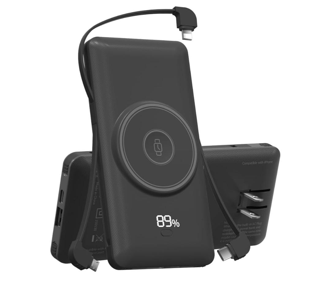 Magnetic 10000mAh Portable Charger for iWatch & iPhone, 22.5W USB C Fast Charging Wireless Power Bank Built-in Cables and Wall Plug, External Travel Battery Pack Compatible with iOS Android Devices