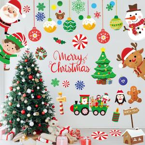 Christmas Wall Decals Stickers 96PCS Removable Large Merry Xmas Wall Decorations Christmas Bathroom Decor Santa Claus Snowman Reindeer Window Clings for Outdoor Indoor
