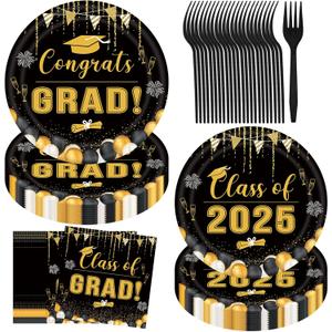 Graduation Decorations Class of 2025, JESTAR 2025 Graduation Party Supplies Disposable Grad Plates and Napkins Party Decorations Graduation Cap Decorations for Congrats Grad Party, Serve 24 (Black)