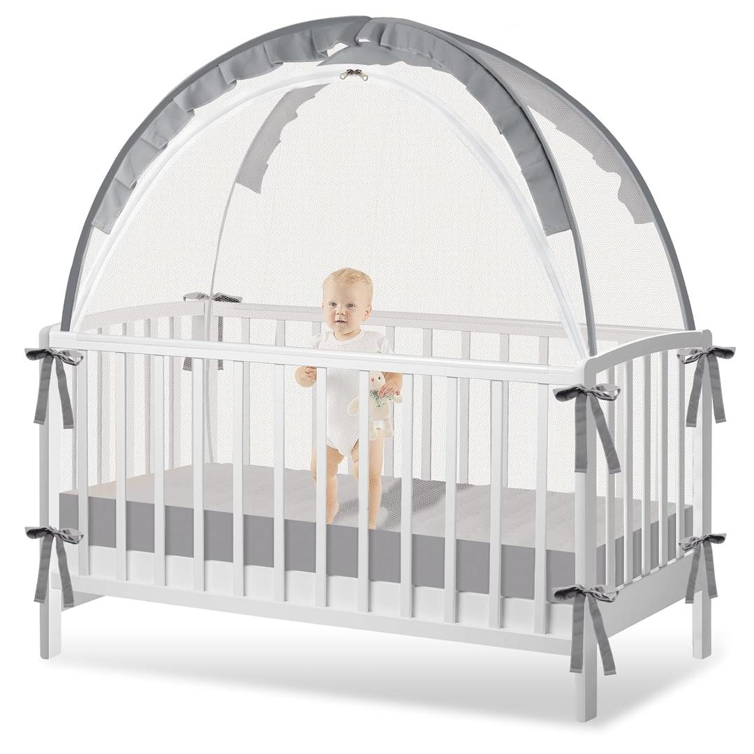 Crib Tent to Keep Baby from Climbing Out - Crib Net to Keep Baby in - Pop Up Breathable Cribs Cover - Canopy with Upgrade Strong Mesh and Durable Zipper (Grey, Lager) (Gray)