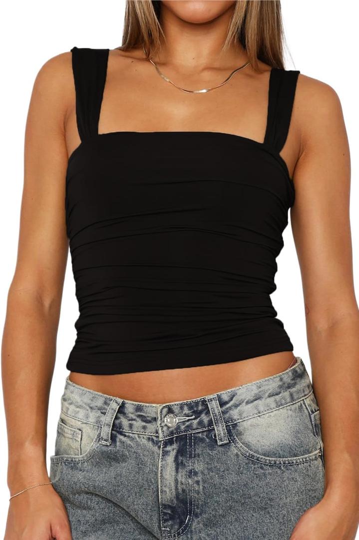 TiulZial Square Neck Tank Top Woman - Double Lined Going Out Tops Summer Ruched Backless Crop Strappy Cute (Black,S)