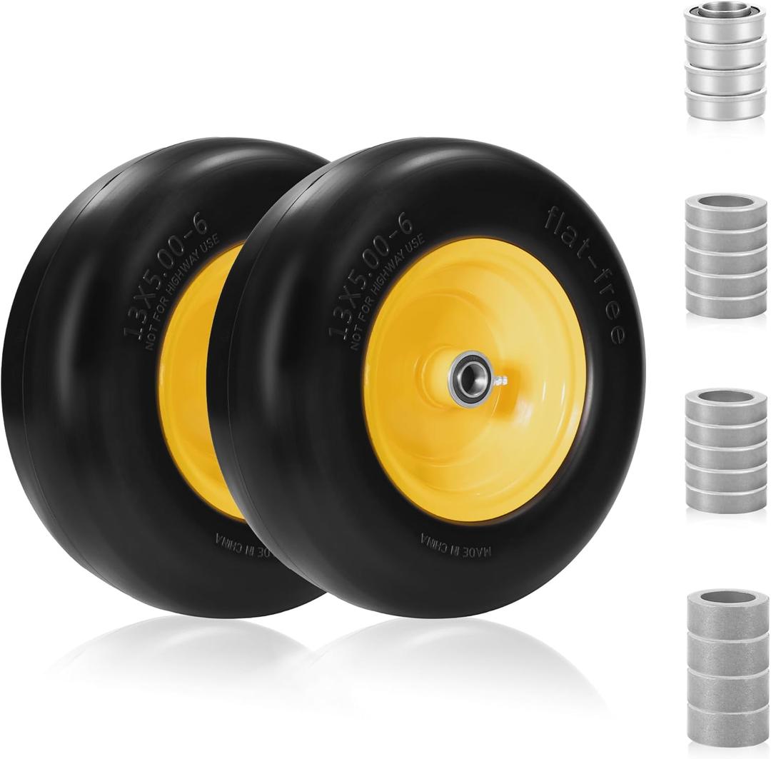 2PC 13x5.00-6 flat free tire and wheel, Universal 3/4" Bearings & Extra 5/8" Bearings, lawn mower tires, 350lbs Load Capacity, front tires for zero turn mowers Adjustable Center Hub (3.2" to 5.1").