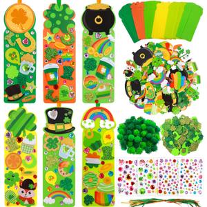 Treasure Cove St. Patrick's Day Crafts Kits Foam Shamrock Bookmark Craft DIY Bookmarks Ornaments St. Patrick's Day Decorations with Clover Foam Stickers for Irish Classroom Party Favors 24 Sets