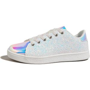 LUCKY STEP Glitter Sneakers Lace up | Fashion Sneakers | Sparkly Shoes for Women (9, White Hologram)