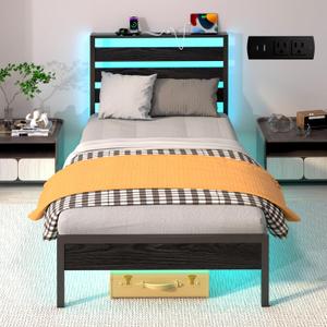 Twin Bed Frame with Headboard, Platform Bed with LED & Charging Station, Heavy Duty Metal Slats, No Box Spring Needed, Noise Free, Easy Assembly, Black