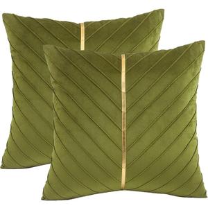 Tosleo Olive Green Velvet Throw Pillow Covers 18 x 18 inch Pack of 2 with Gold Leather Decorative Couch Pillowcases Luxury Modern Pillow Cover for Living Room Bedroom Sofa Cushion Bed