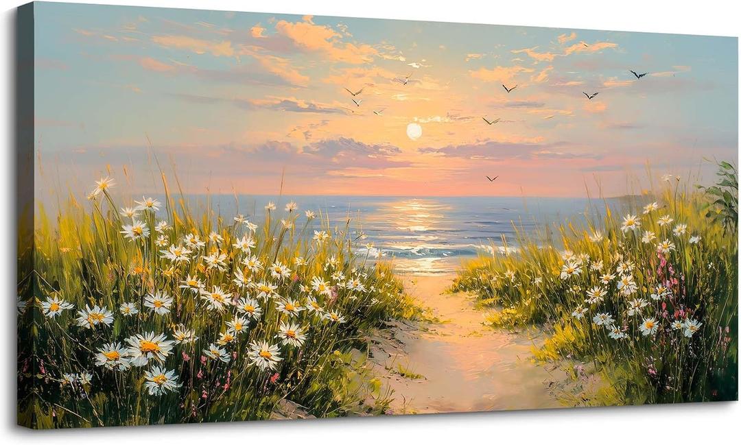 SLYCAY Extra Large Beach Wall Art, Coastal Sunset Pictures Wall Decor Ocean Landscape Painting Floral Canvas Prints Living Room Office Bedroom Artwork 24"X48"