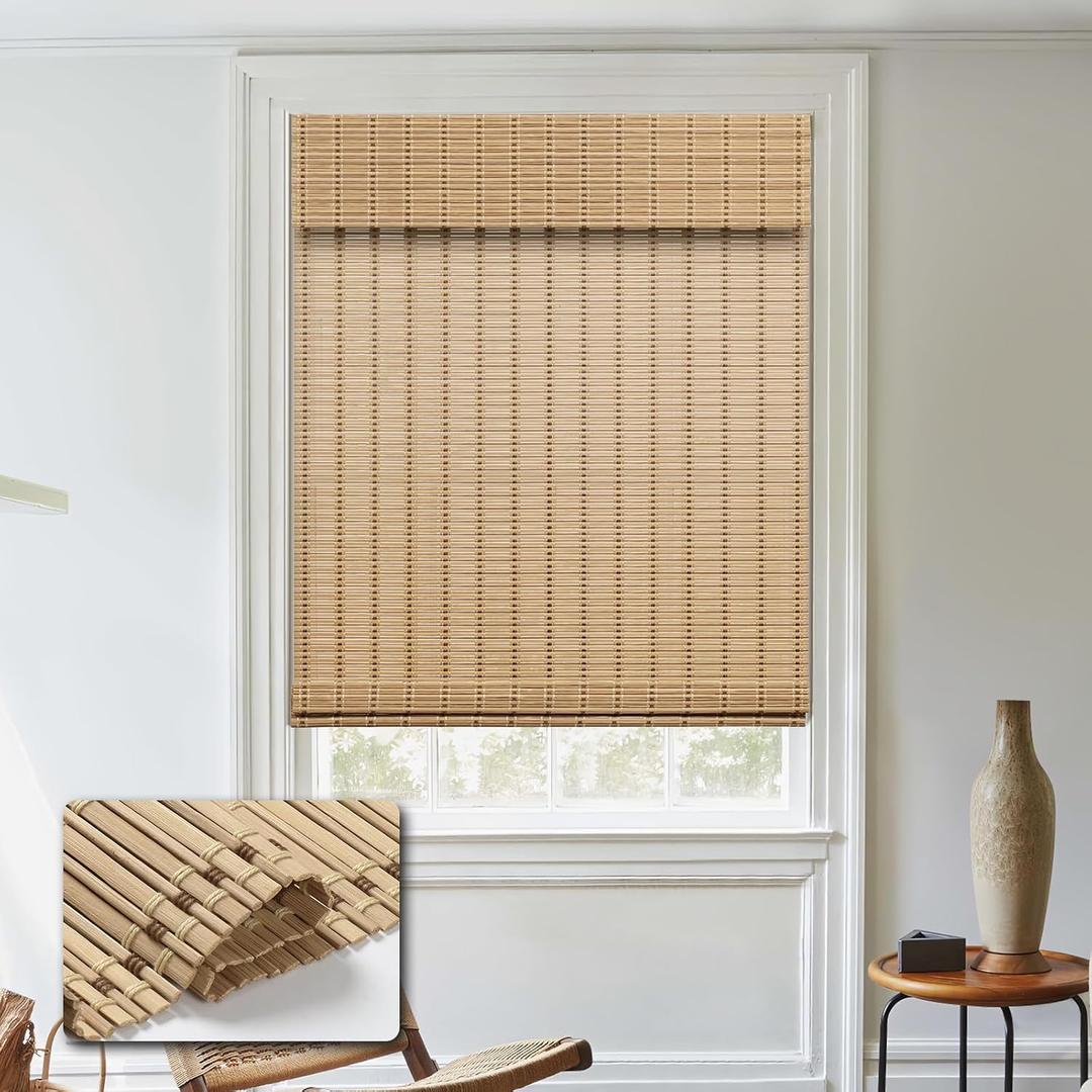 Cordless Bamboo Roman Shades, Light Filtering Bamboo Blinds Shades for Indoor Windows, UV Protection Roll Up Blinds for Home, Office, 36" W x 64" H, Natural