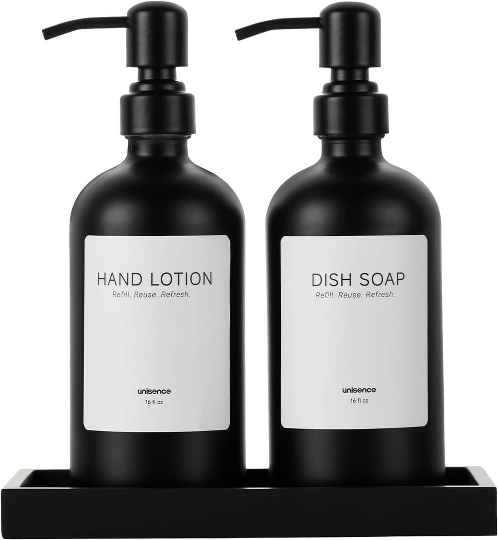 2 Packs Glass Soap Dispenser Set for Kitchen, Hand and Dish Soap Dispenser with Stainless Steel Pump & Resin Tray, Rental-Modern Refillable Countertop Soap Dispenser for Kitchen Hotels,Matte Black