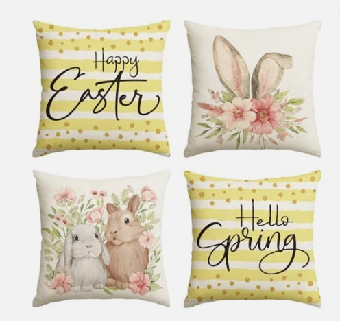 Easter Pillow Covers 18x18 Set of 4 Easter Throw Pillow Covers with Bunny and Eggs Spring Home Decor Buffalo Check Plaid Pillowcase Square Cushion Covers for Sofa Bed Couch