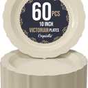 Exquisite Victorian Plastic Plates - 60 Piece Disposable Party Set for 60 Guests - 10 Inch Cream Dessert Plates - Heavy Duty