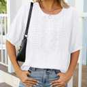 Kistore Women's Embroidered Blouses 2026 Short Sleeve Lace Trim Crew Neck Trendy Casual Tops Pullover Shirts (White, XXL)