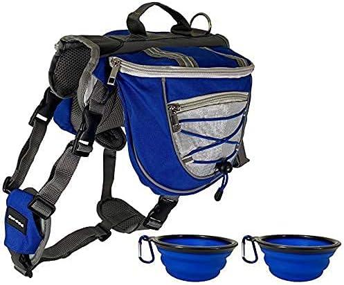 Saddlebag Back Pack & Harness Combo for Dogs 30+ lbs. Perfect for Travel, Trail Hiking, & Camping. Reflective, Lightweight, & Comfortable. Comes with Two Collapsible Bowls (Medium, Blue)