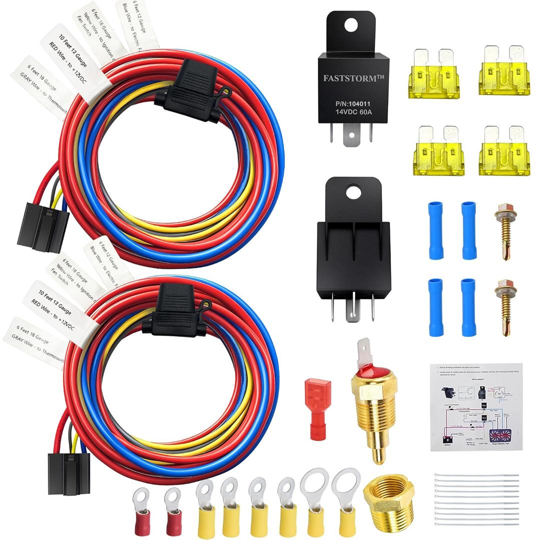 Dual Electric Fan Relay Kit Electric Radiator Fan Kit Temperature Sensor Switch 185 On 175 Off Automotive Wiring Kit 60 Amp Cooling Fan Relay Switch Kit 4 Pin Waterproof Relay Kit