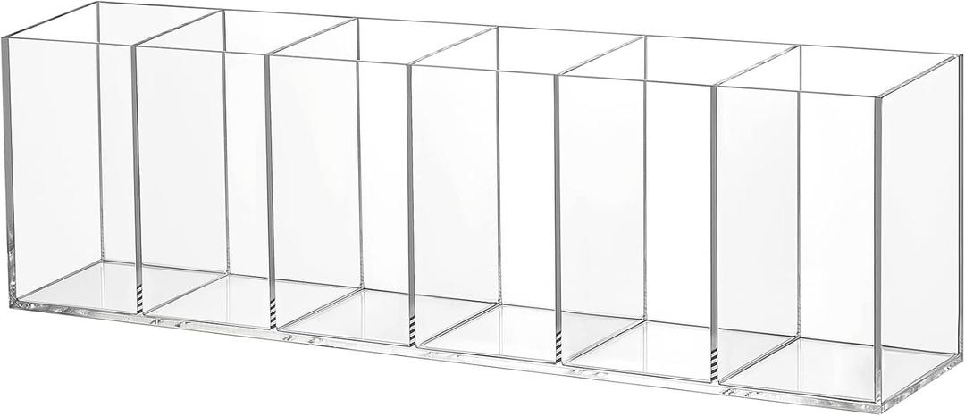 Jetec Acrylic Pen Holder 6 Compartments Makeup Brush Stationery Organizer Pencil Holder for Desk Accessories, Cosmetic Brushes, Dorm, Home, Bathroom, Kitchen, Office Supplies (Clear)