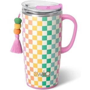 Swig Life 22oz Travel Mug, Insulated Tumbler with Handle and Lid, Cup Holder Friendly, Dishwasher Safe, Stainless Steel, Checkered Tumbler with Handle (Check Mate)