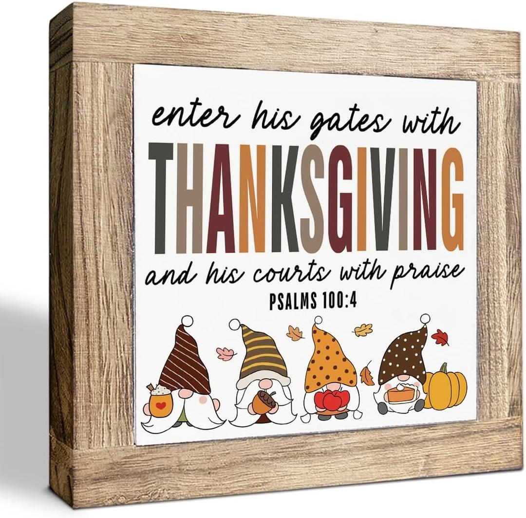 Thanksgiving Decoration, Enter His Gate with Thanksgiving Sign, Farmhouse Front Door Decor, Living Room Decors, Wooden Decorative Fall Sign, Housewarming Decors, Hostess Gift, 5.9X5.9X0.7inches
