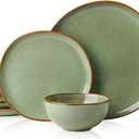 Stoneware Dinnerware Sets for 4, Reactive Glaze Plates and Bowls, Green
