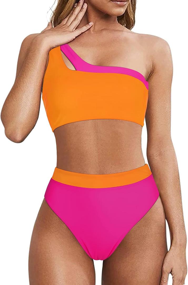 MOOSLOVER Women Cutout One Shoulder High Waisted Bikini High Cut Two Piece Swimsuits (Pink, S)