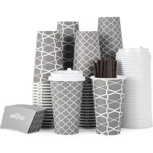 JOLLY PARTY [100 Sets] 16 oz Paper Coffee Cups, Disposable Coffee Cups with Lids, Sleeves and Straws, Hot Cold Beverage Drinking Cup for Water, Coffee or Tea, To-Go Cup Suitable for Office and Travel