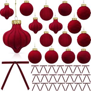 45 Pcs 3.15 Inch Christmas Ball Ornaments & Wreath Bows, 15 Flocked Tree Hanging Balls, 30 Vintage Ribbon Bows (Red, 3.15 inches)