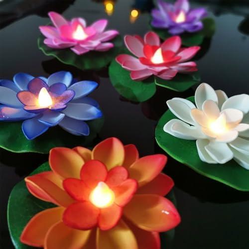 6 Pcs Diwali Lotus Lamp Decorations, Led Waterproof Flameless Lotus Tea Lights with Water Lily Pad, Home Garden Pond Indian Temples Pooja Gifts