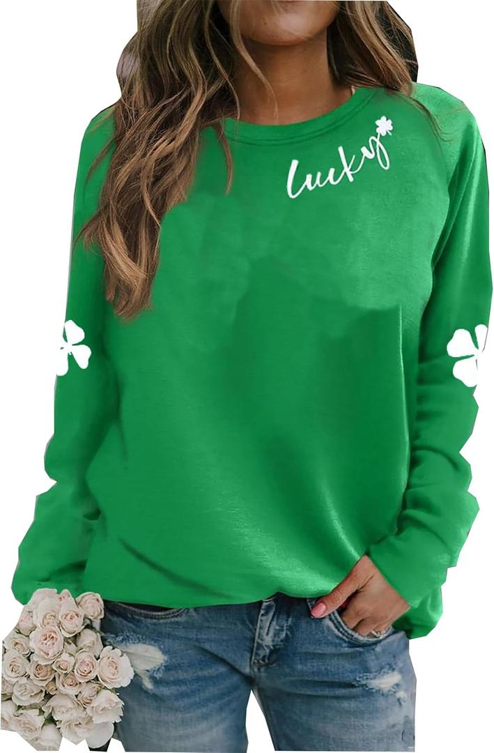 Susongeth St. Patrick's Day Sweatshirt for Women Irish Shamrock Pullover Shirts Tops Raglan Sleeve Lucky Leaf Clover Shirt (Large, Green-4)