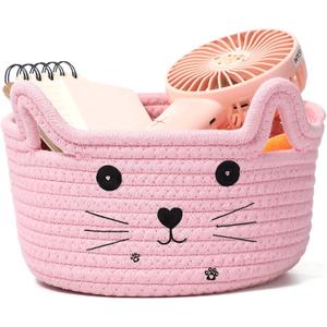 Zopeal Cat Basket Storage Woven Organizer with Ears Easter Decorative Gift Pet Toy Cute Cotton Rope Basket for Gift Cat Dog Toy Bin Nursery Room(8.3 x 4.7 Inch,Pink)