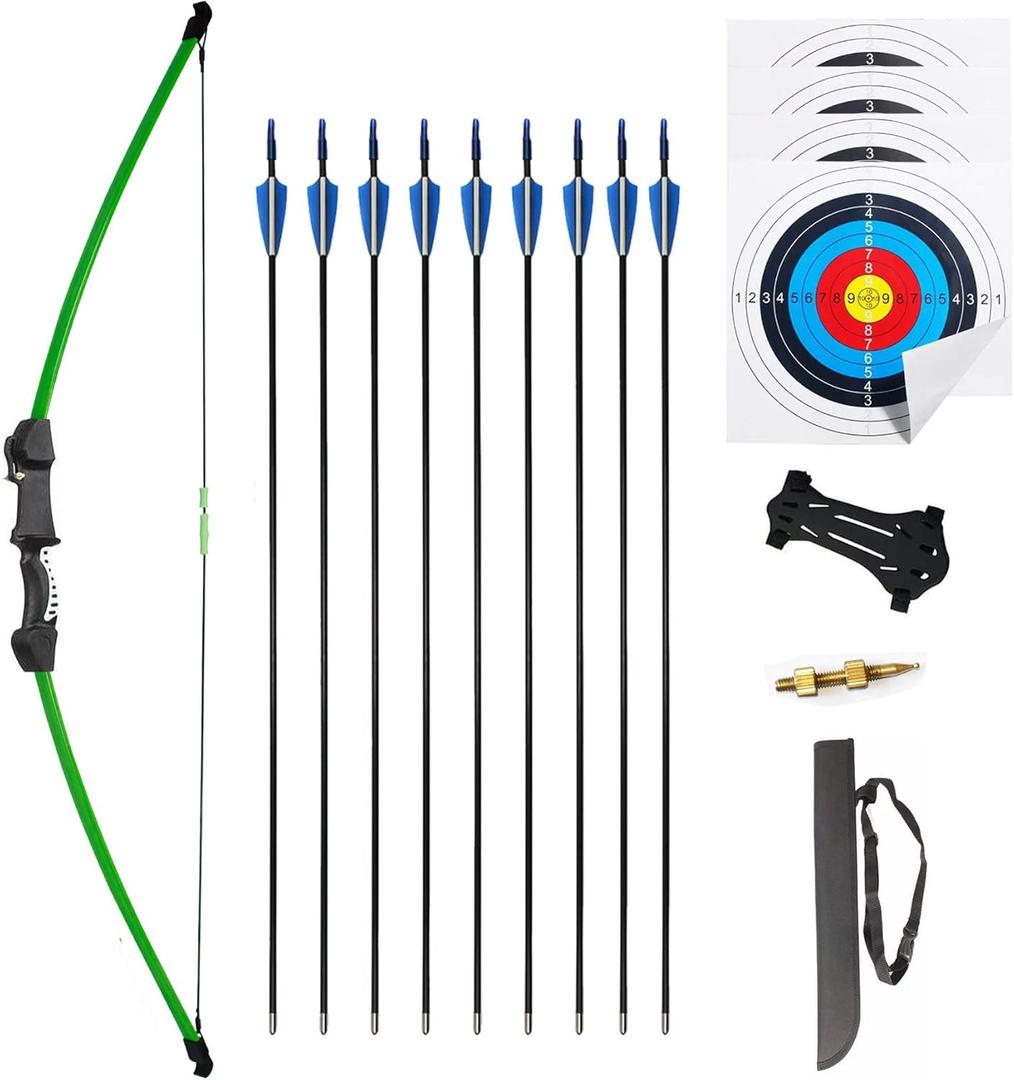 45" Youth Bow and Arrows Set for Kids 8-12 Teens Recurve Archery Beginner Gift Longbow Kit, Outdoor Hunting Play Gift Toys, 9 Arrows, 4 Target Face for Backyard Game Age 12-14 14-16 (Green)