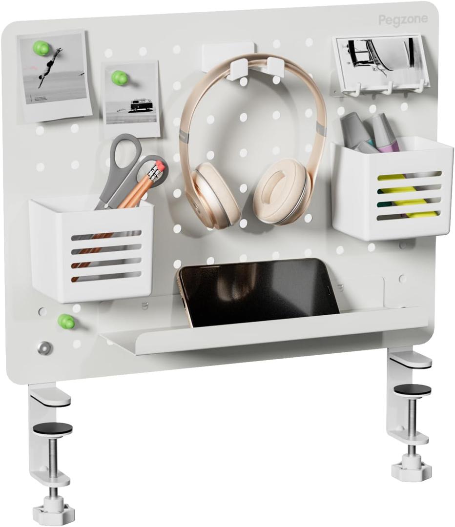 Clamp-on Desk Pegboard, Desk Organizer for Office Gaming Home, Magnetic Metal Peg Board with 10 Accessories, Privacy Panel for Office, 16.5" x 12.6", Medium, White