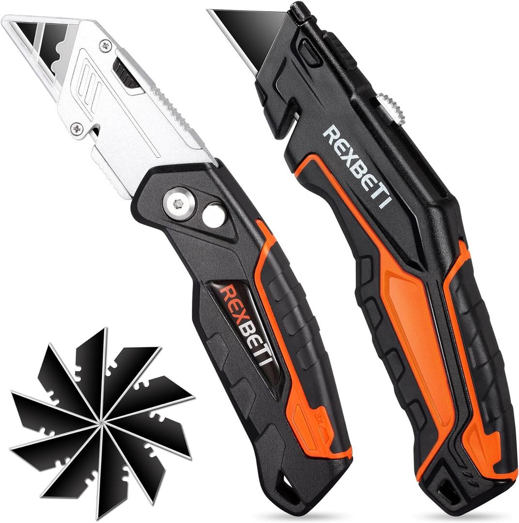 REXBETI 2-Pack Utility Knife, SK5 Heavy Duty Retractable Box Cutter for Cartons, Cardboard and Boxes, Blade Storage Design, Extra 10 Blades IncludedTotal 18 Blades