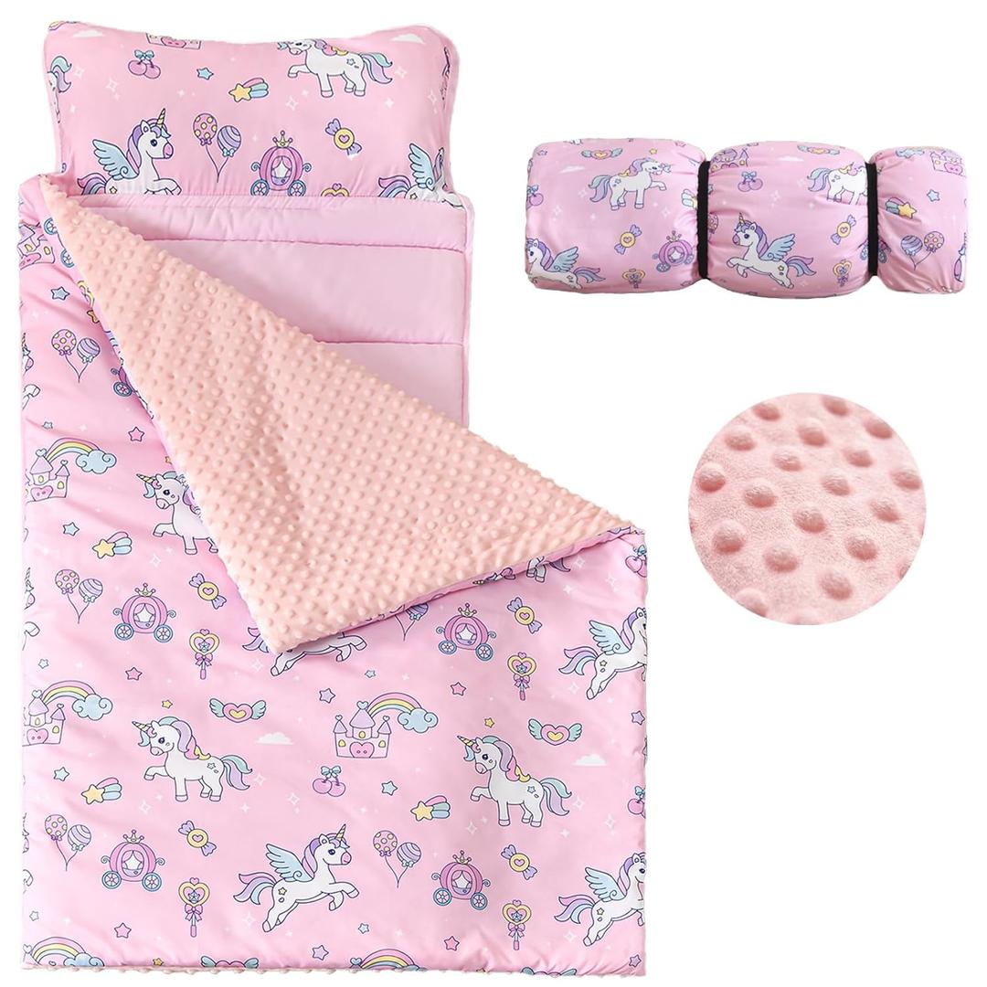 MWMWMW Pink Unicorn Toddler Nap Mat, Kids Sleeping Bag with Removable Pillow & Blanket for Boys Girls, Kids Nap Mat for Daycare, Preschool, Travel & Camping (23 x 51)