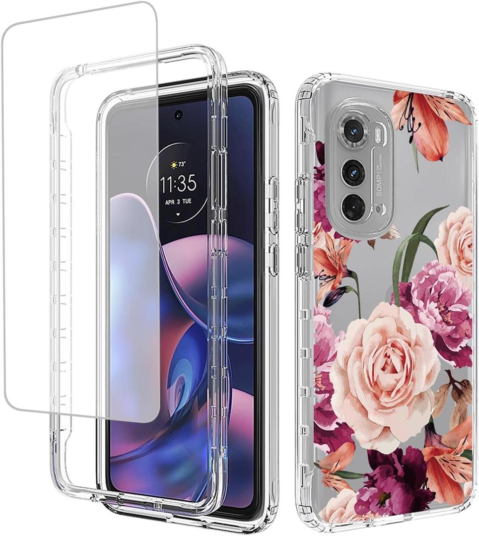 Case for Moto Edge 2022/Motorola Edge 2022 5G UW XT22051 with Tempered Glass Screen Protector, Floral Design Full Body Protective Cell Phone Cover for Motorola Moto Edge 2022 5G Purple Flower
