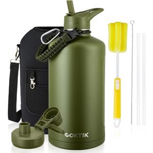 COKTIK 128 oz Insulated Water Bottle, Triple Wall Stainless Steel Flask, Keeps Drinks Cold for 48 Hrs Leak-Proof & BPA-Free Half Gallon Jug with Paracord Handle, Straw & Spout Lids(Army Green)