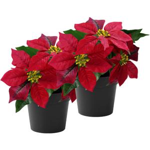 2 Pack Poinsettias Artificial Christmas Flowers Small Red Poinsettia Plant Artificial 9 Inch Faux Winter Flowers for Porch Home Garden Decorations Indoor Outdoor Xmas Ornament