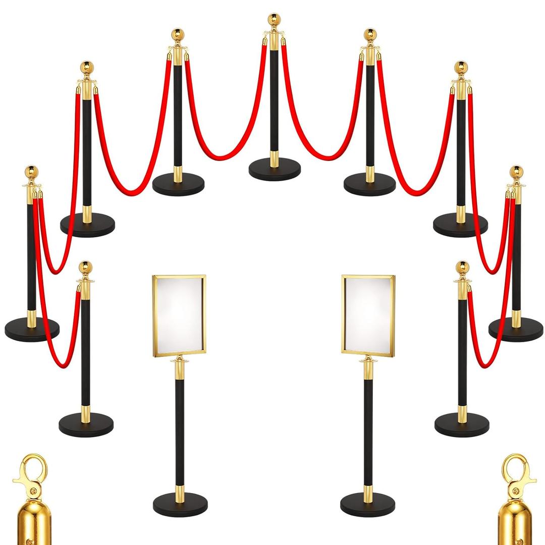 Blulu 8 Sets Stainless Steel Stanchion Set 8 Crowd Control Poles 7 Velvet Ropes and 2 A4 Sign Holders Carpet Ropes and Hollow Base Poles Easy Assembly Safety Barrier for Event Party(Black Gold)