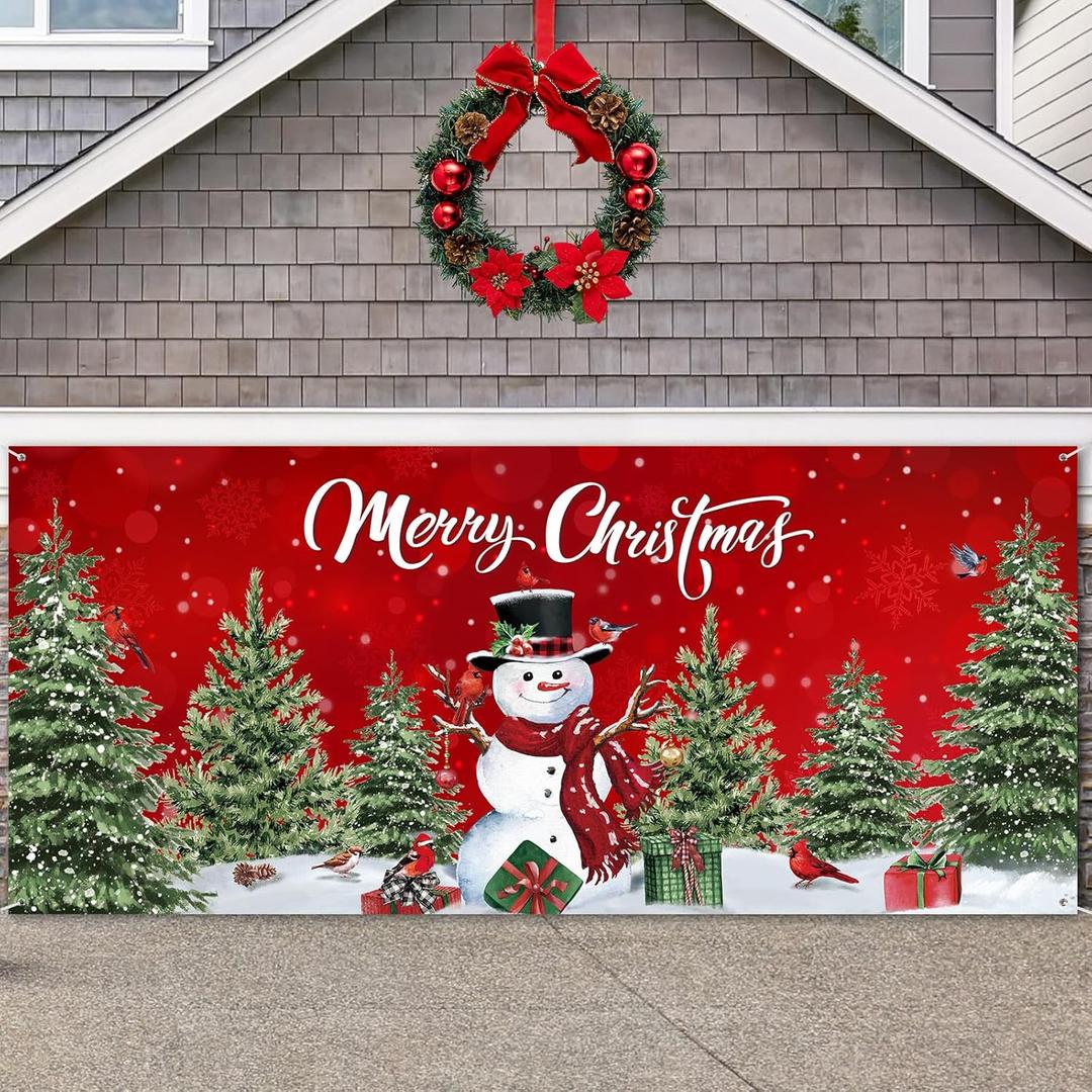 Christmas Garage Door Cover - 7 x 16 ft Winter Xmas Garage Backdrop with Snowman Theme