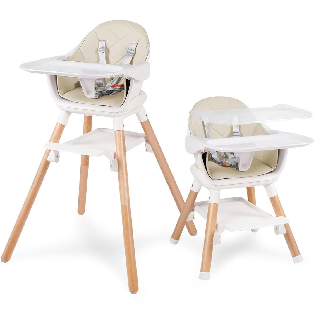 6 in 1 Baby High Chair, Convertible Wooden High Chairs/Booster Seat for Babies and Toddlers, Baby Feeding Chair with 5-Point Harness/Double Removable Tray & Adjustable Footrest (Beige) (Khaki)