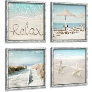 Ocean Framed Wood Wall Art: Beach Picture Seascape Artwork Coastal Prints Starfish Boardwalk Art Collection Wall Decor Set of 4 for Bathroom (12" x 12")