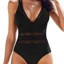 AI'MAGE Women One Piece Swimsuit Sexy V Neck Bathing Suits Tummy Control Swimsuits Mesh Hollow Out Swimwear L Black
