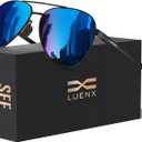 LUENX Aviator Sunglasses for Men Women Polarized - UV400 Protection, Stylish Shades, Driving, Outdoor Activities (A14-blue Lens/Black Frame/Mirrored/Without Zipper Case/1 Pair)