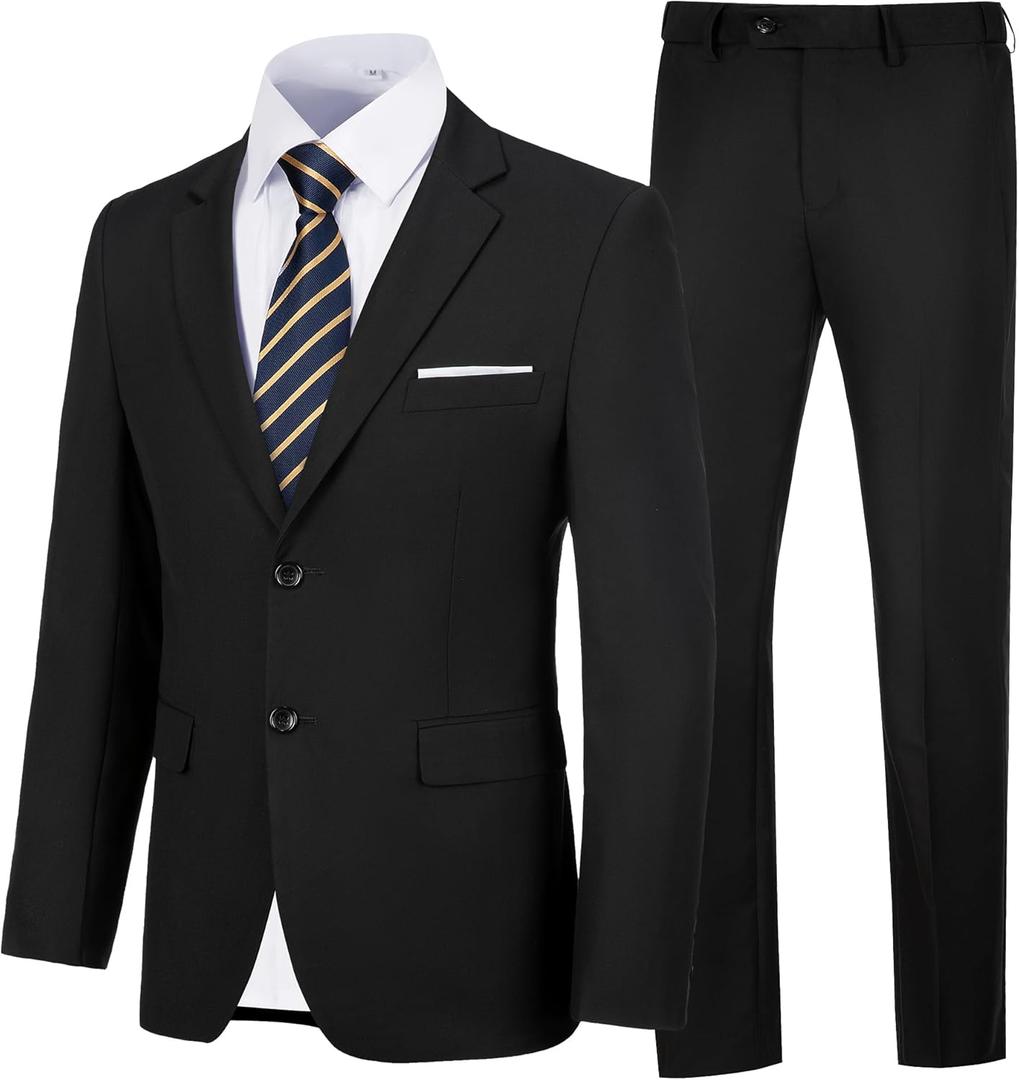 Men's Slim Fit 2 Piece Suit, Two Button Solid Suit Jacket Pants Set, Wedding Prom Suit (Large, Black)