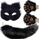 YXCFEWD Cat Mask Therian Tail with Paws Furry Halloween Therian Gear Stuff Wolf Fox Costume for Cosplay Over 1 years Old (Pure Black)