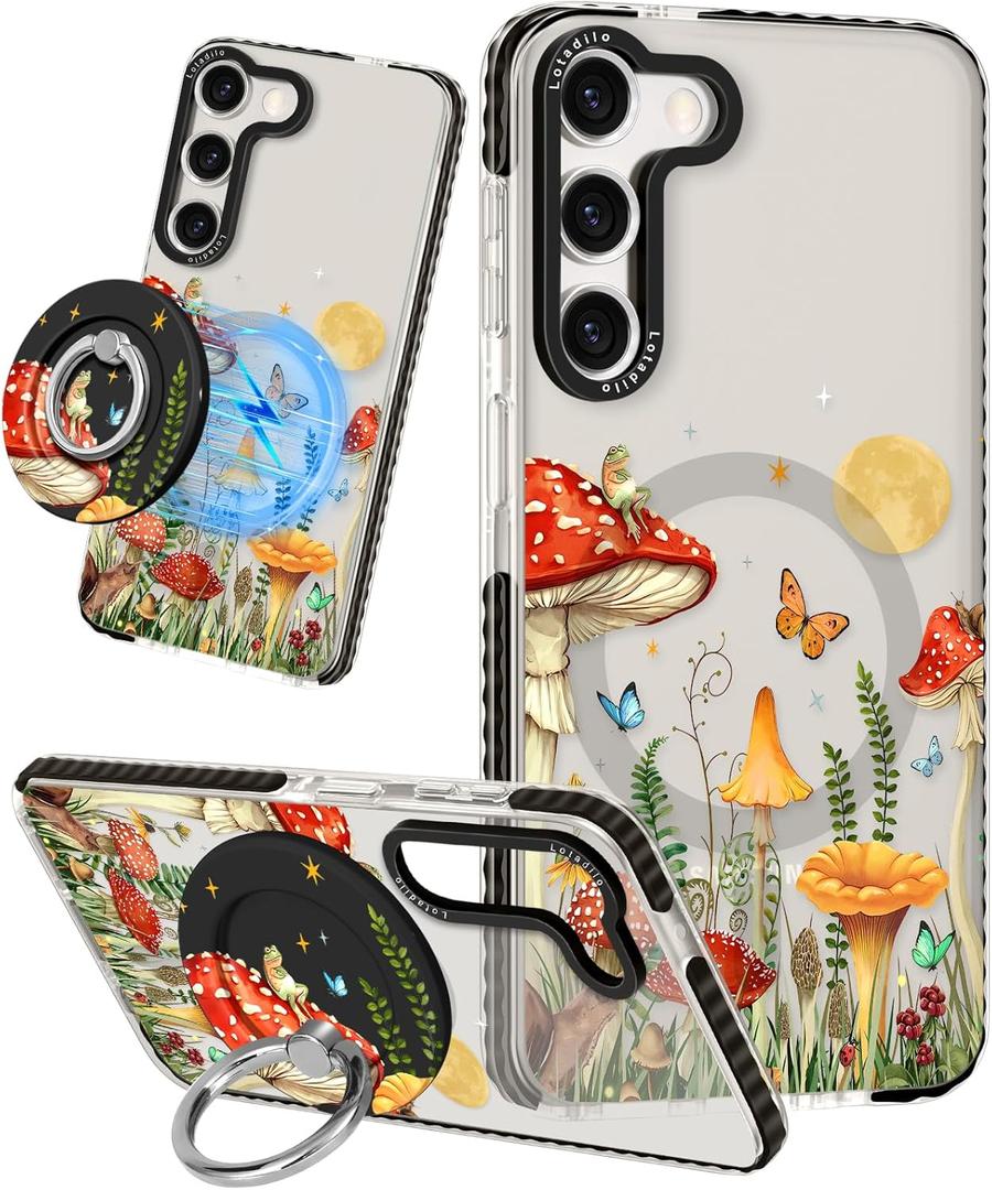 For Samsung Galaxy S23 Case for Women - Girls Cute Design Compatible with Magsafe Magnetic Ring Holder Stand Mushrooms Butterflies Phone Covers Aesthetic Girly TPU Funda for S23