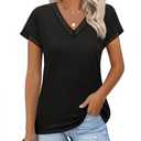 Boho Black Tops for Women Cap Sleeve Lace Shirts Dressy Night Out Short Sleeve Shirts Casual Summer Clothes V Neck Blouses Cute Womens Business Professional Outfits (Black, XL)