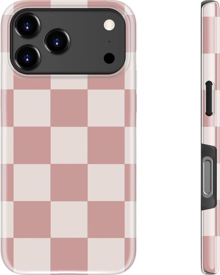 DEENAKIN for iPhone 17 Pro Max Case - Wireless Charging Compatible - Dual-Layer Hard Shell & Silicone Cover - Protective Phone Case with Trendy Cute Designs for Women - Brown Checkered Pattern