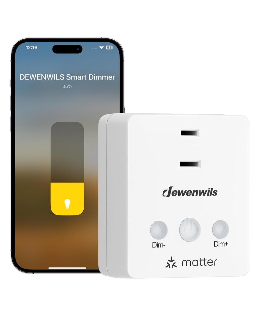 DEWENWILS Matter Plug in Dimmer Switch for Lamp, Works with Alexa, Compatible with Google Home & SmartThings APP Voice Wireless Dimmer Button Control, Dimmable LED/Tungsten Bulbs, 2.4G Wi-Fi, White