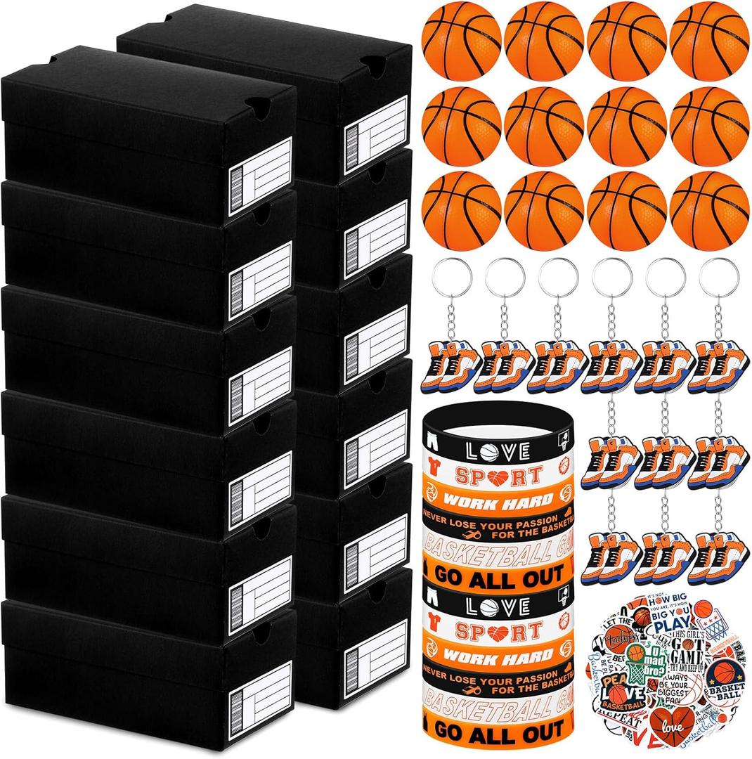 12 Sets Mini Sneaker Boxes for Party Favors Small Gift Case Mini Shoe Gifts Boxes with Editable Label Keychains Small Ball Bracelets Stickers for Sport Basketball Party Supplies(Black)
