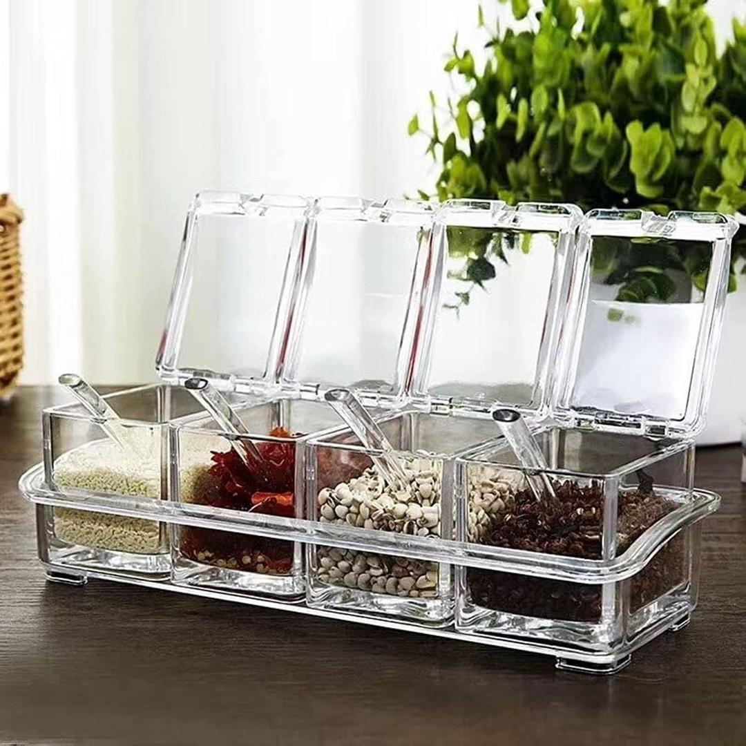 Clear Seasoning Box, 4 Spice Jars, Condiment Containers with Lids, 4 Pcs Spoons, 1 Pcs Tray, Seasoning Organizer for Salt, Sugar, Cardamom, Cinnamon, Cloves, Mustard, Nutmeg, Pepper, and Turmeric