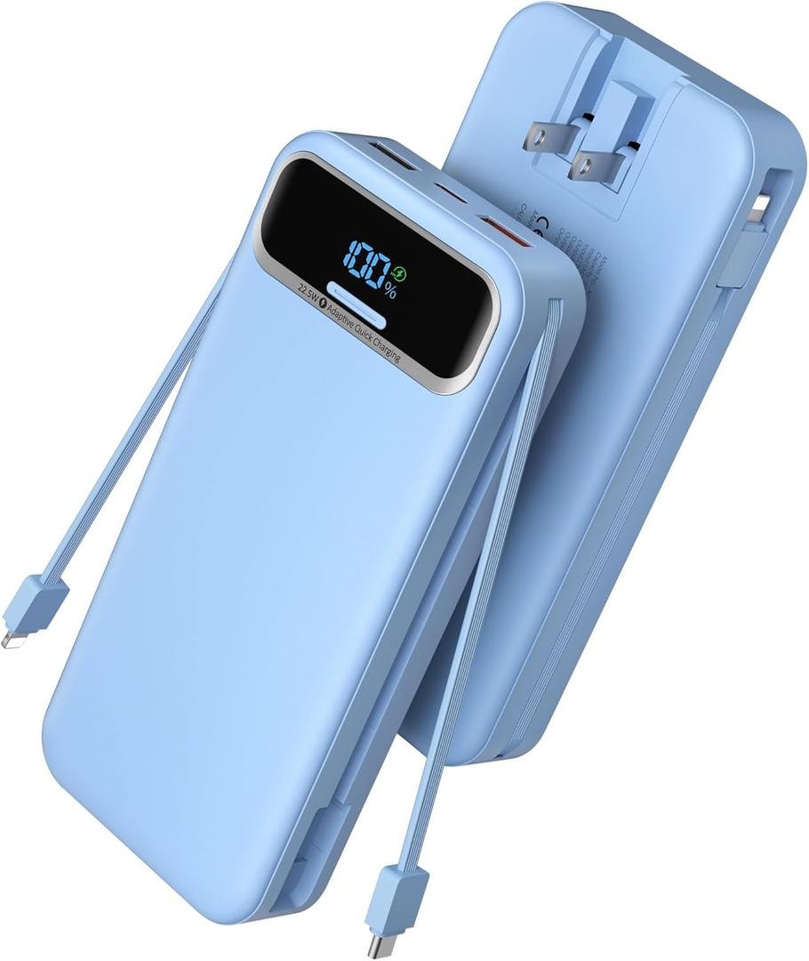 Portable Charger Power Bank with Built in Cables and AC Wall Plug,PD20W&SCP22.5W USB-C Super Fast Charging,20000mAh Travel Phone Charging,LED Display Battery Pack Compatible All iPhone Samsung etc (Blue)